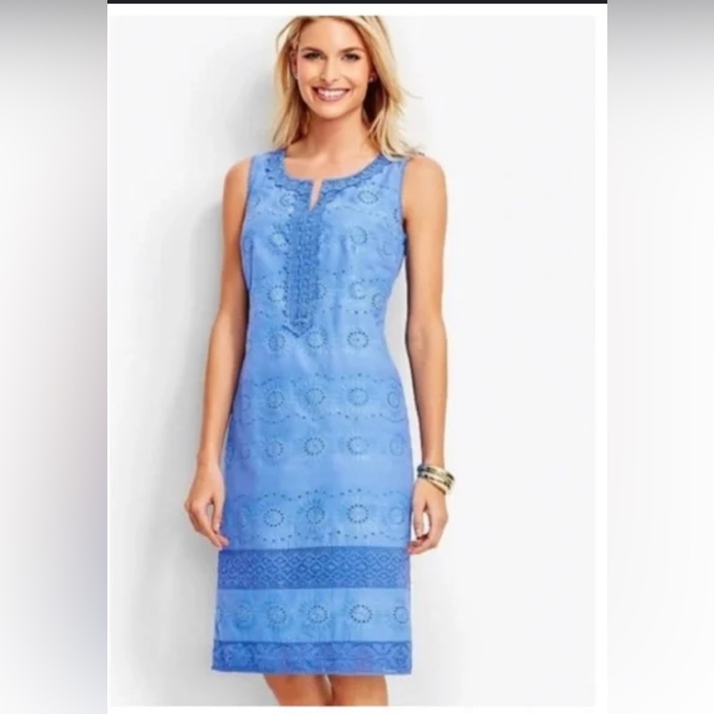 Talbots Dress Woman’s Size 12W Blue Floral Lace Eyelet Sheath Sleeveless- EUC